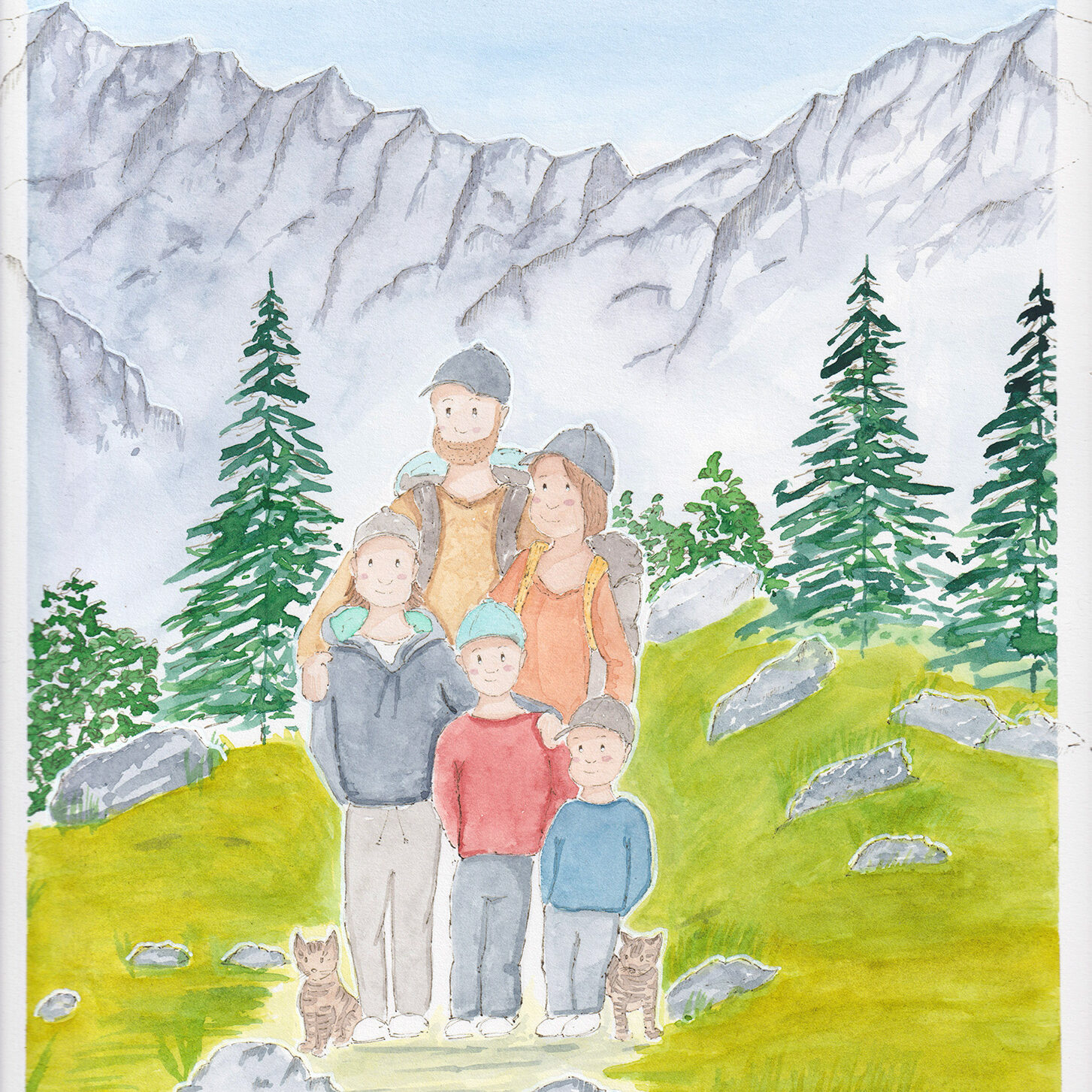 Illustration personnalisée famille à la montagne